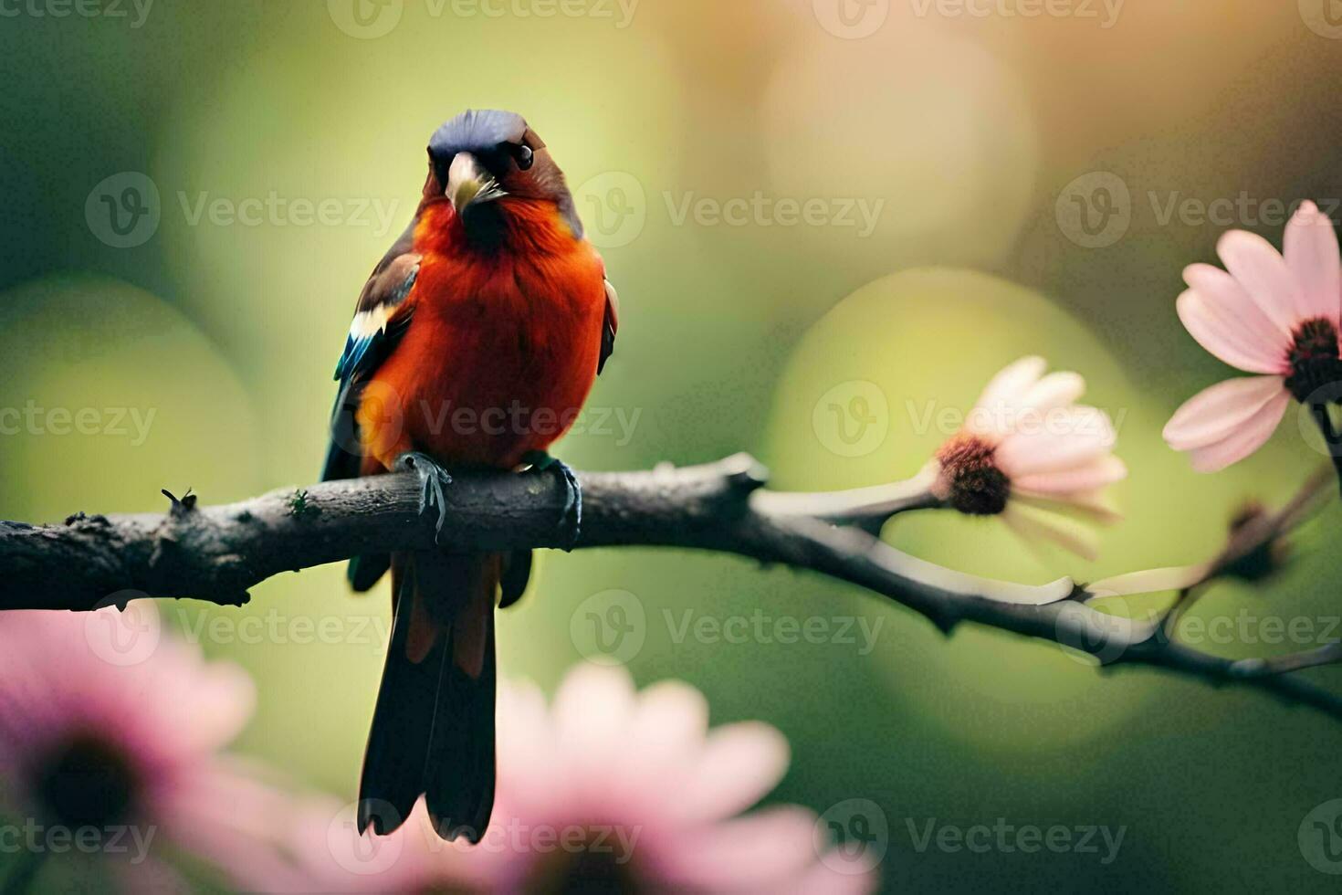 ein bunt Vogel sitzt auf ein Ast mit Blumen. KI-generiert foto