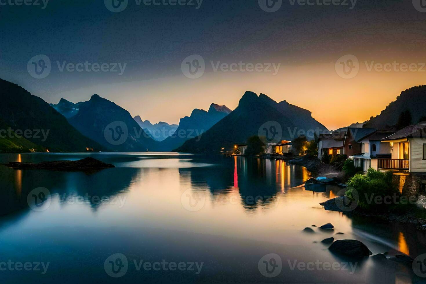 das Berge sind zündete oben beim Sonnenuntergang im Norwegen. KI-generiert foto