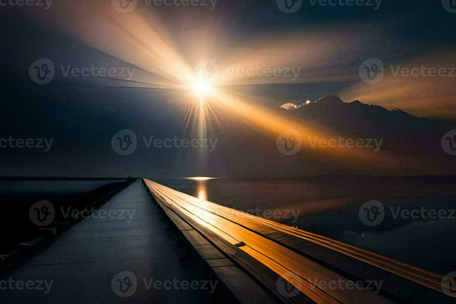 das Sonne scheint durch das Wolken Über ein See. KI-generiert foto