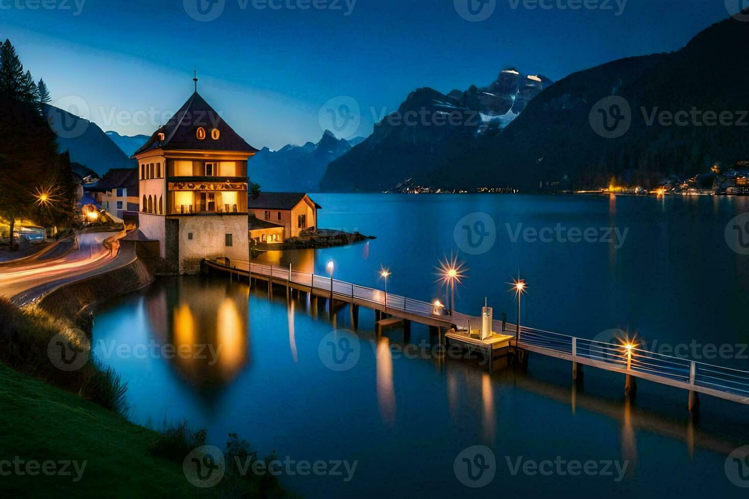 ein Haus auf das Wasser mit ein Dock und Berge im das Hintergrund. KI-generiert foto