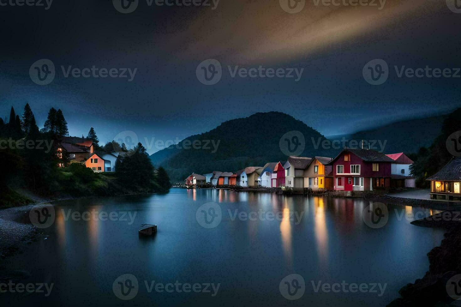 Foto Hintergrund das Himmel, Nacht, Norwegen, Häuser, das Dorf, das Wasser, Die. KI-generiert