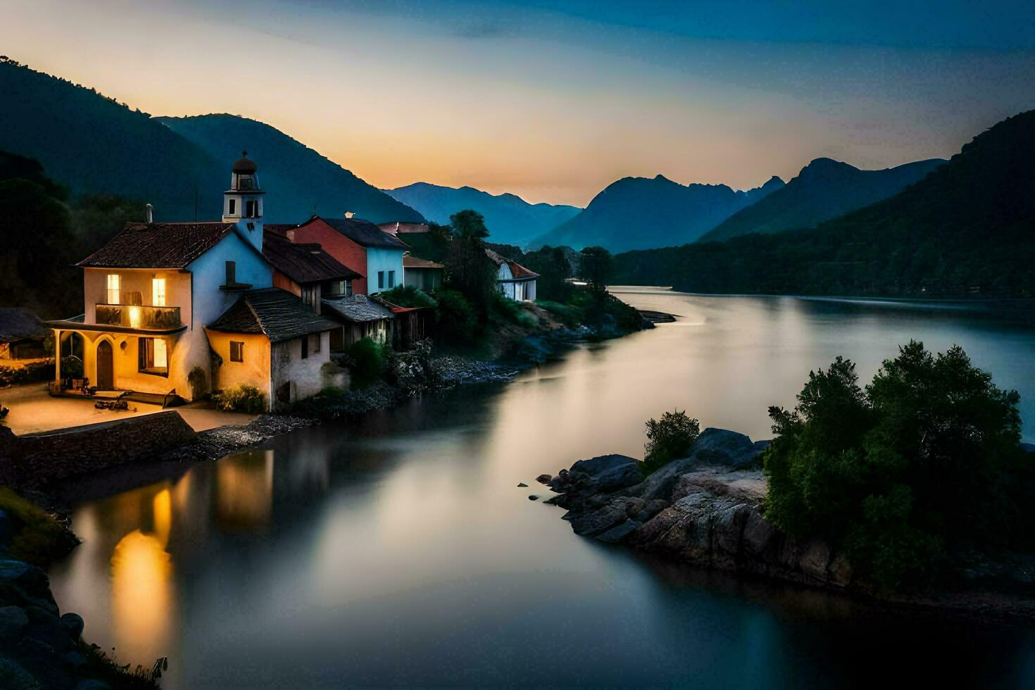 Foto Hintergrund das Himmel, Berge, Wasser, Haus, See, Sonnenuntergang, Haus, das Haus. KI-generiert