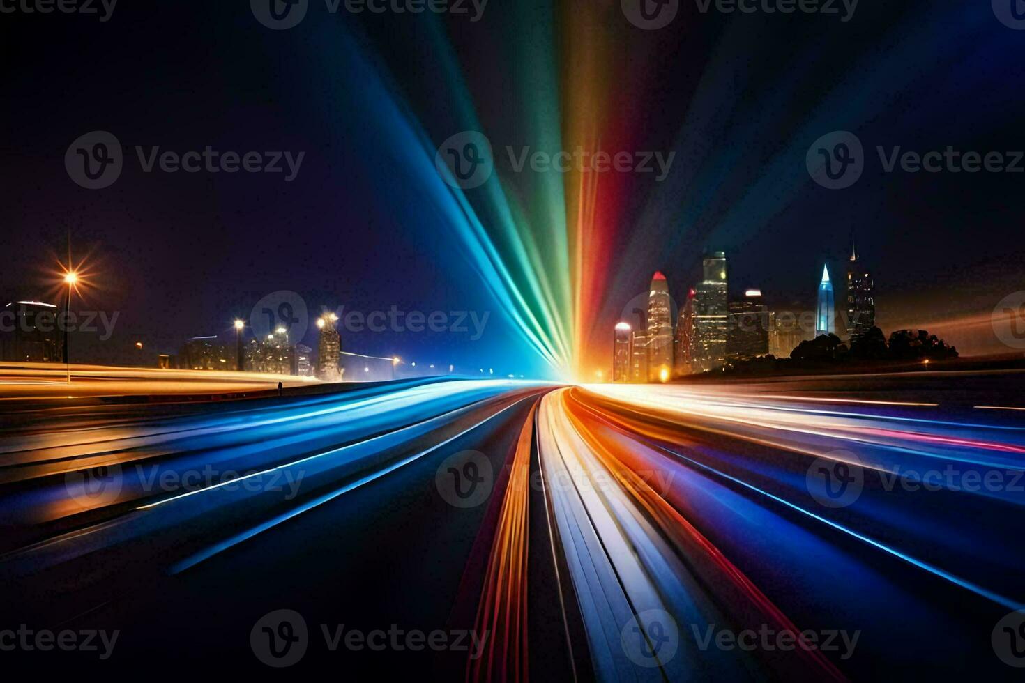 ein Stadt beim Nacht mit Licht Wanderwege. KI-generiert foto