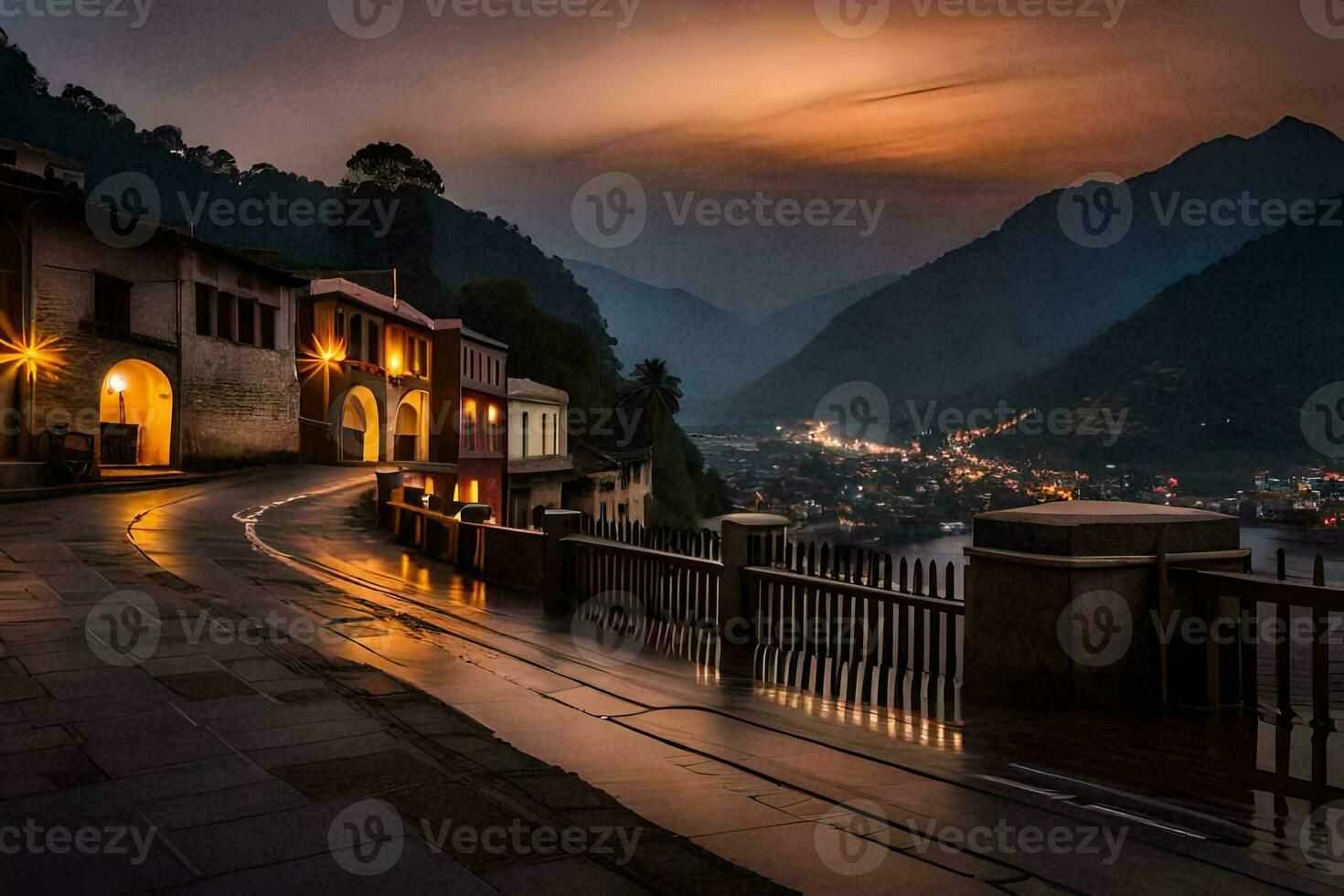 ein Straße im das Berge beim Nacht. KI-generiert foto