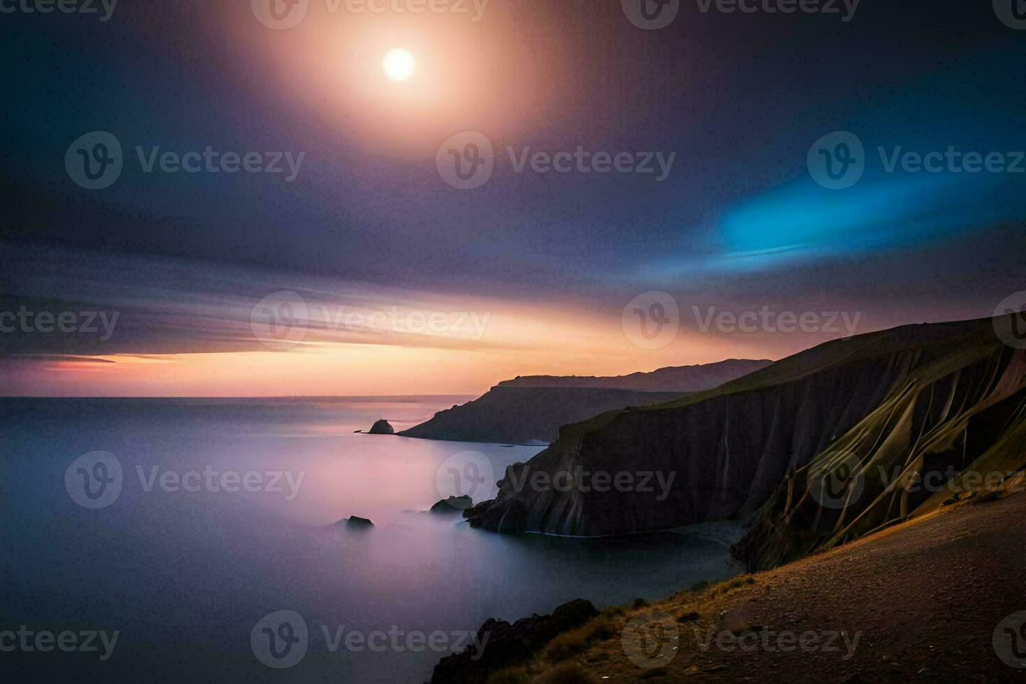 das Mond ist leuchtenden Über das Ozean und ein Cliff. KI-generiert foto