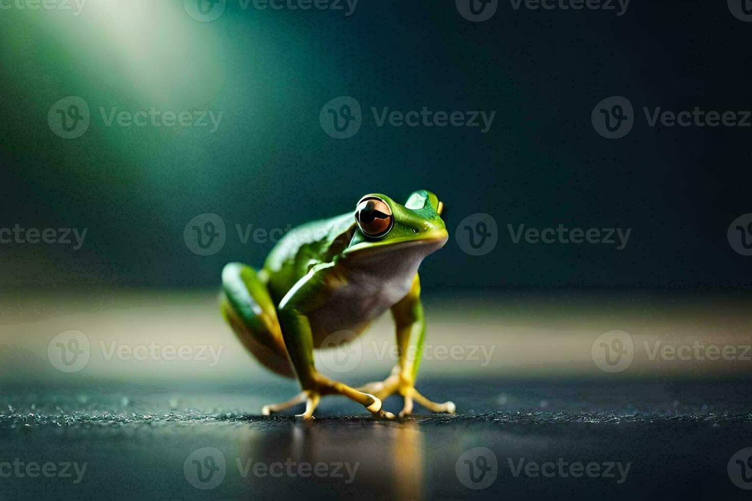 ein Frosch ist Stehen auf es ist Hinter Beine auf ein dunkel Hintergrund. KI-generiert foto