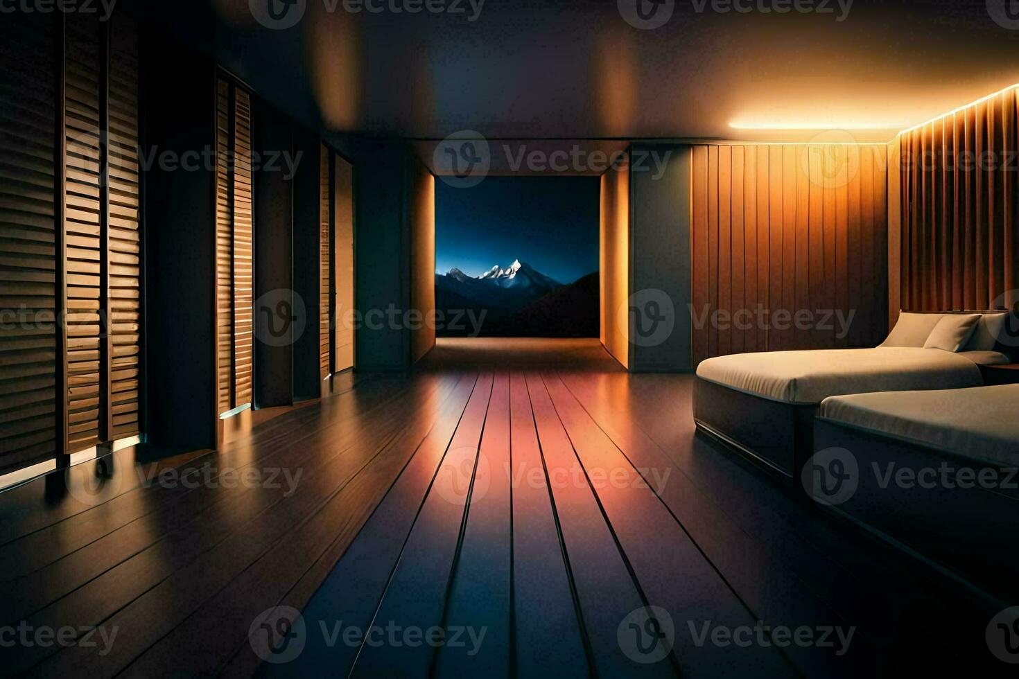 ein Schlafzimmer mit ein Berg Sicht. KI-generiert foto