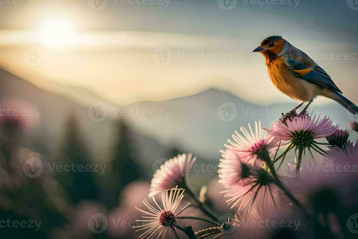 ein Vogel ist thront auf oben von etwas Blumen. KI-generiert foto