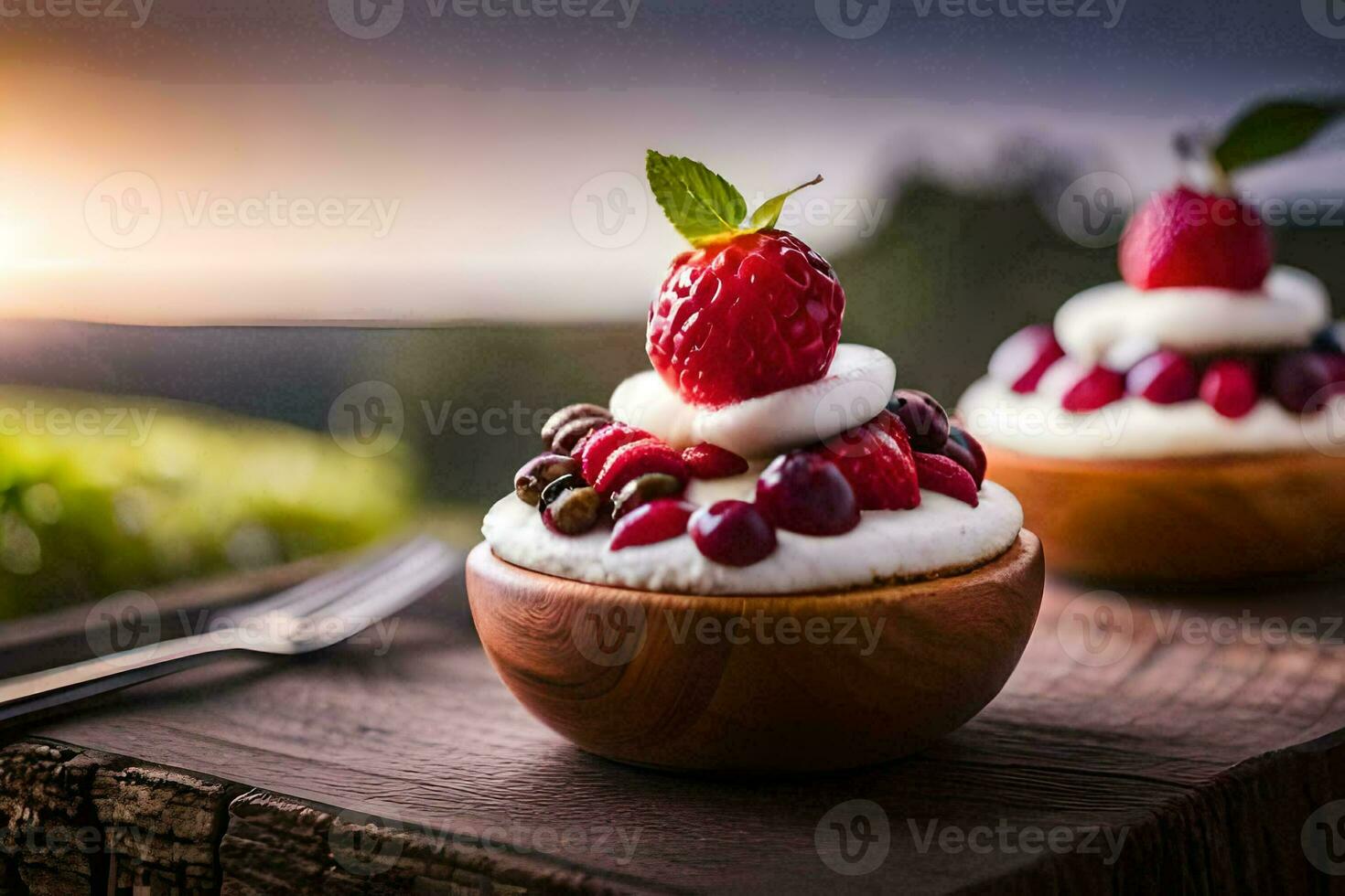 zwei klein Schalen mit Obst und Sahne auf oben. KI-generiert foto