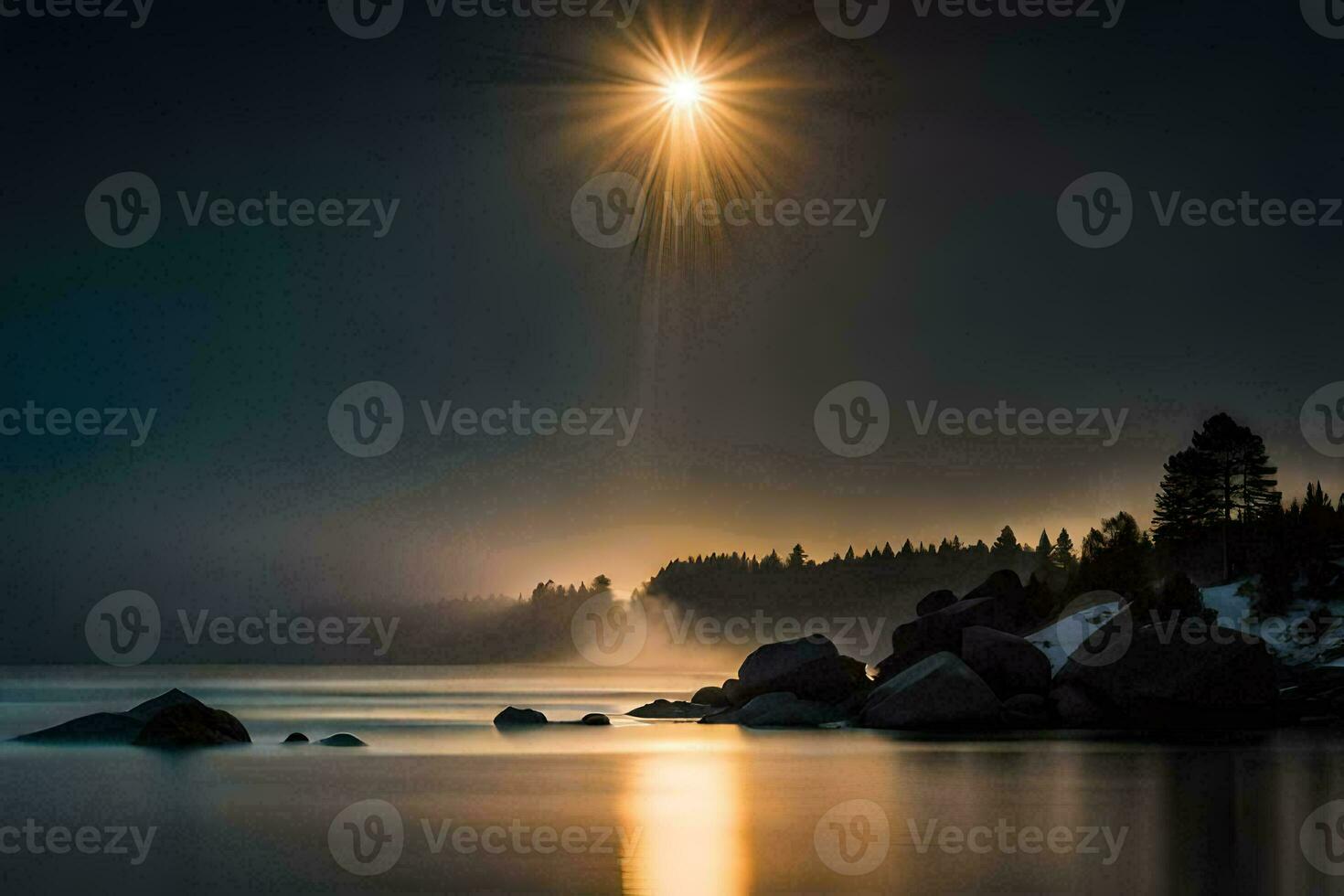 das Sonne scheint Über ein See und Felsen im das Wasser. KI-generiert foto