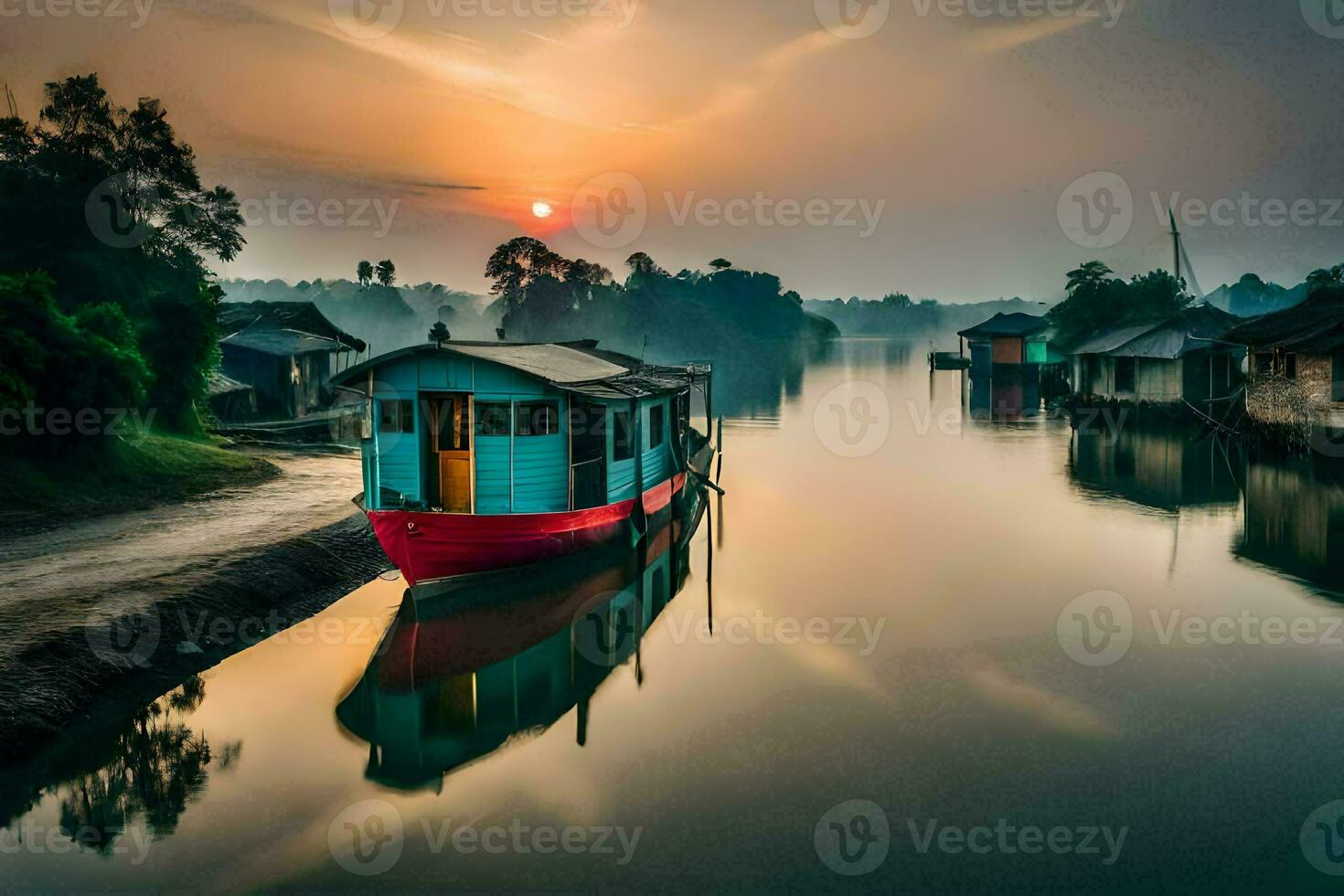 ein Boot sitzt auf das Wasser beim Sonnenuntergang. KI-generiert foto