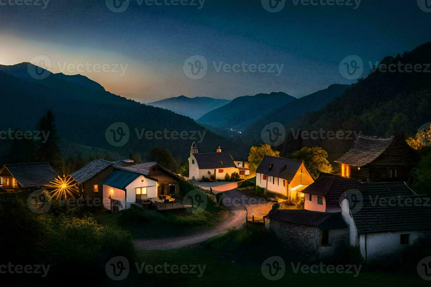 Foto Hintergrund das Himmel, Berge, Nacht, Dorf, Haus, Straße, Straße, Straße,. KI-generiert