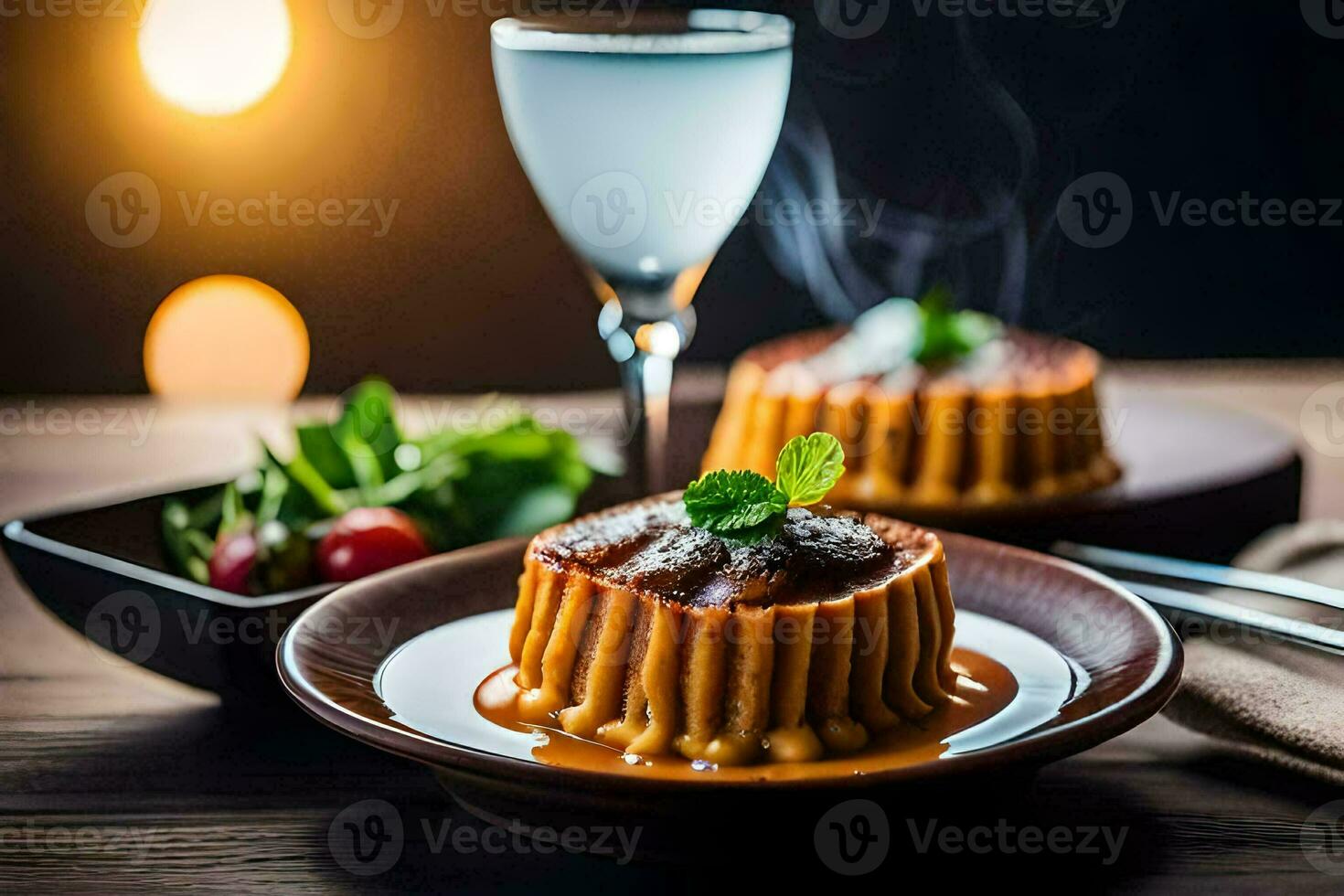 zwei Nachspeisen auf ein Teller mit ein Glas von Wein. KI-generiert foto