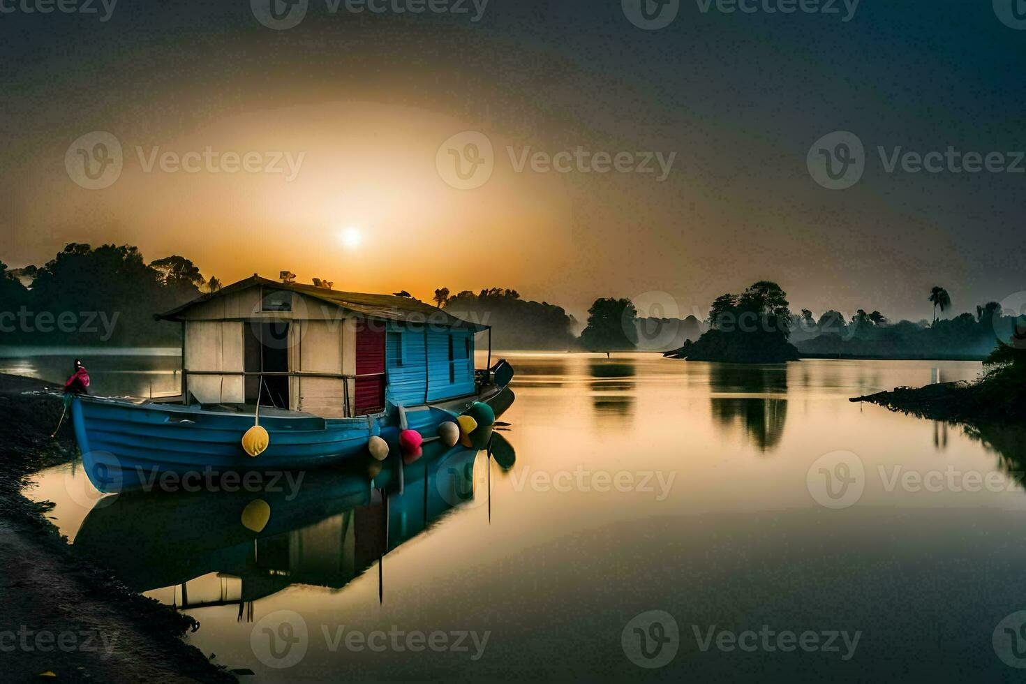 ein Boot sitzt auf das Wasser beim Sonnenuntergang. KI-generiert foto