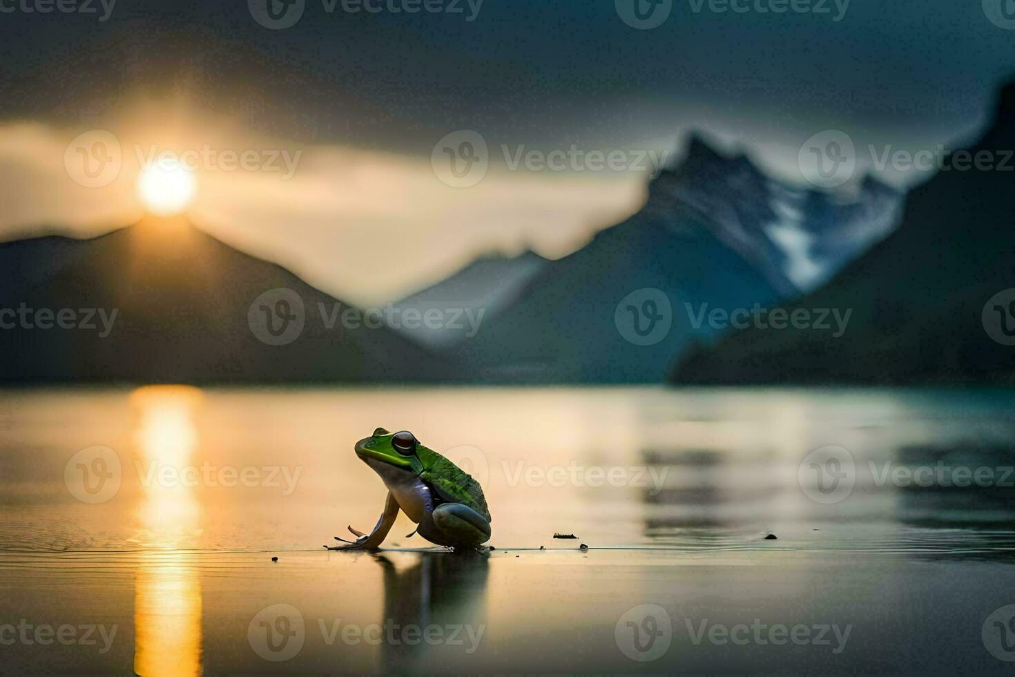 ein Frosch sitzt auf das Kante von ein See beim Sonnenuntergang. KI-generiert foto