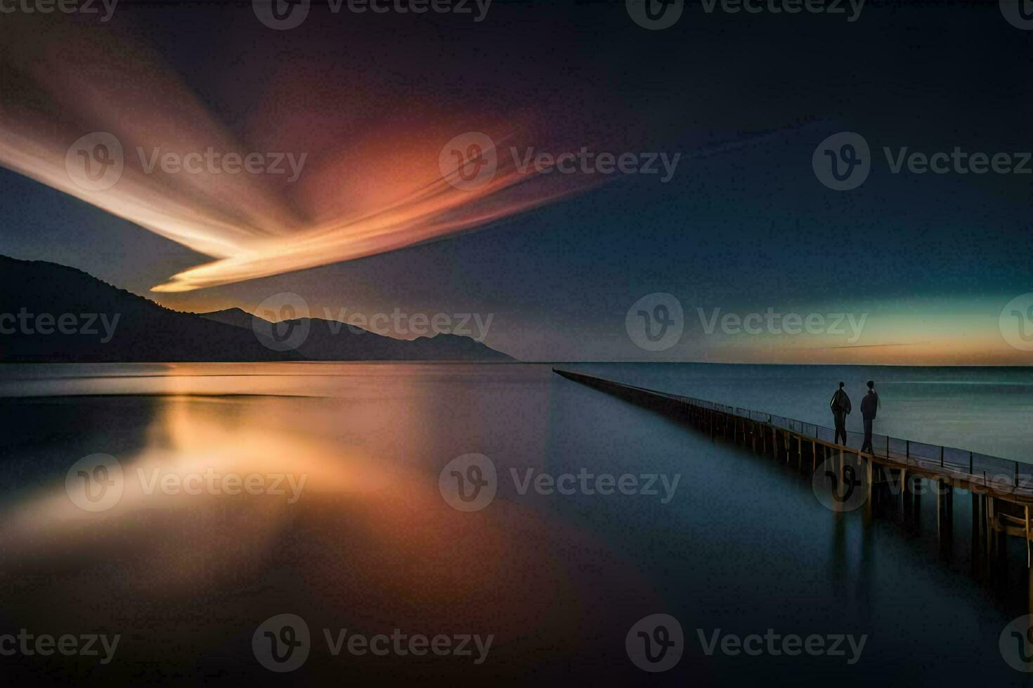 zwei Menschen gehen entlang ein Seebrücke beim Nacht mit ein hell Licht im das Himmel. KI-generiert foto