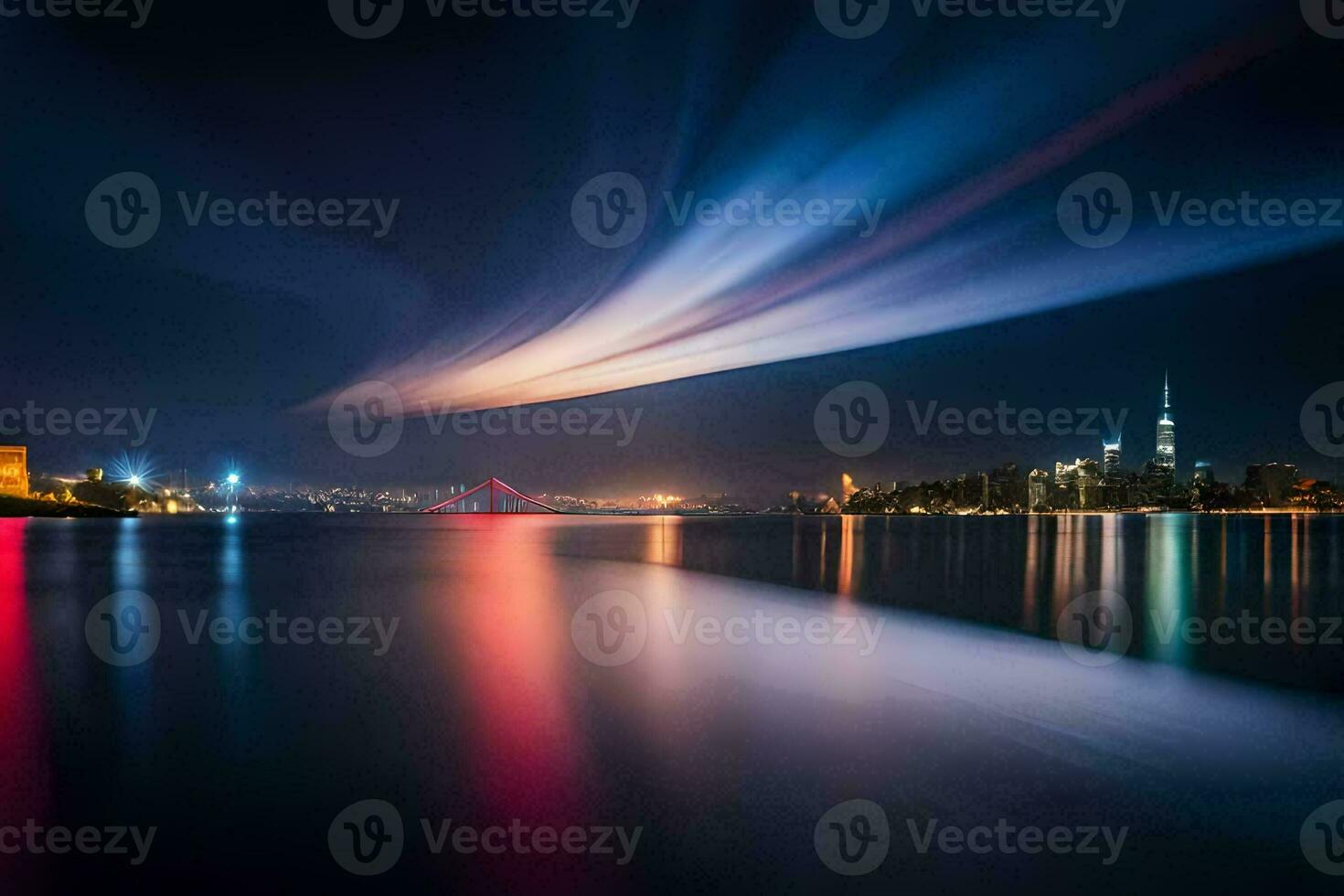 das Stadt Beleuchtung sind reflektiert im das Wasser. KI-generiert foto