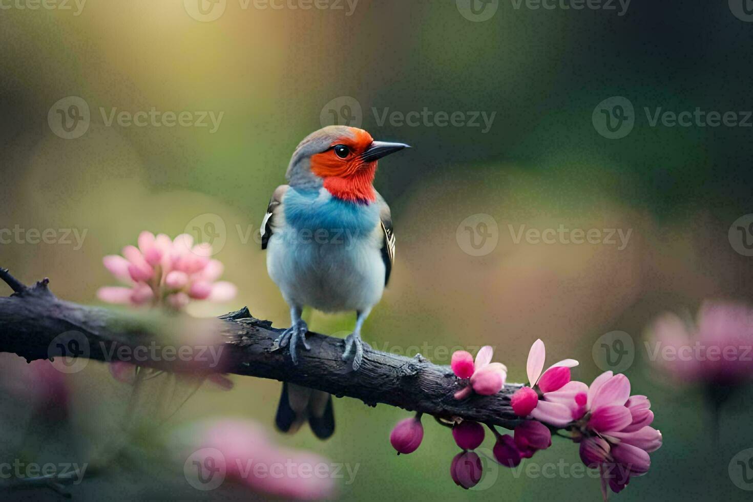 ein bunt Vogel sitzt auf ein Ast mit Rosa Blumen. KI-generiert foto