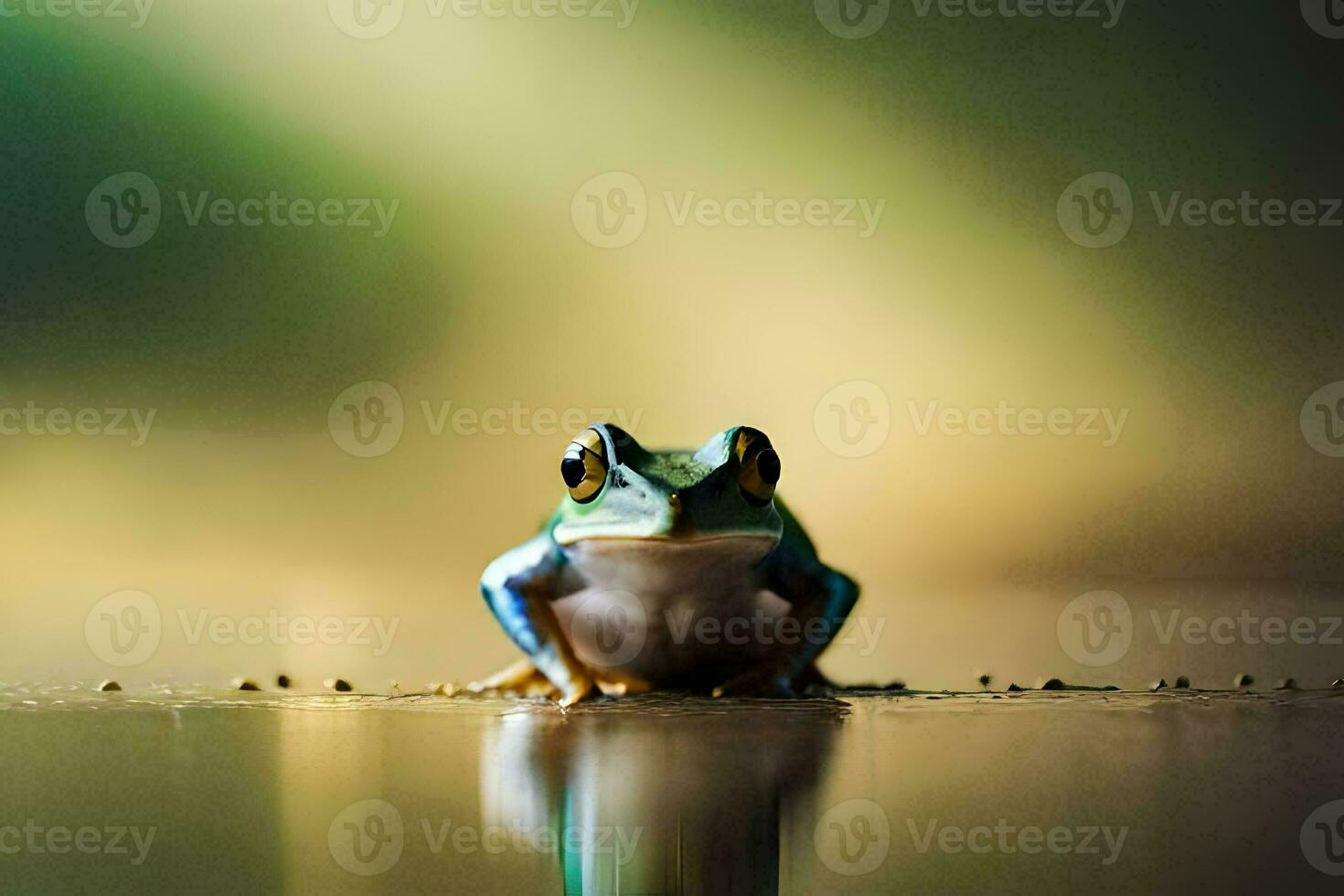 ein Frosch Sitzung auf das Boden mit ein verschwommen Hintergrund. KI-generiert foto