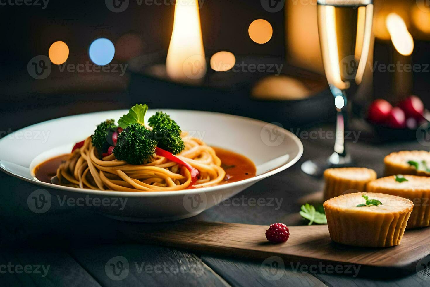 Spaghetti mit Brokkoli und Fleischklößchen im ein Schüssel. KI-generiert foto