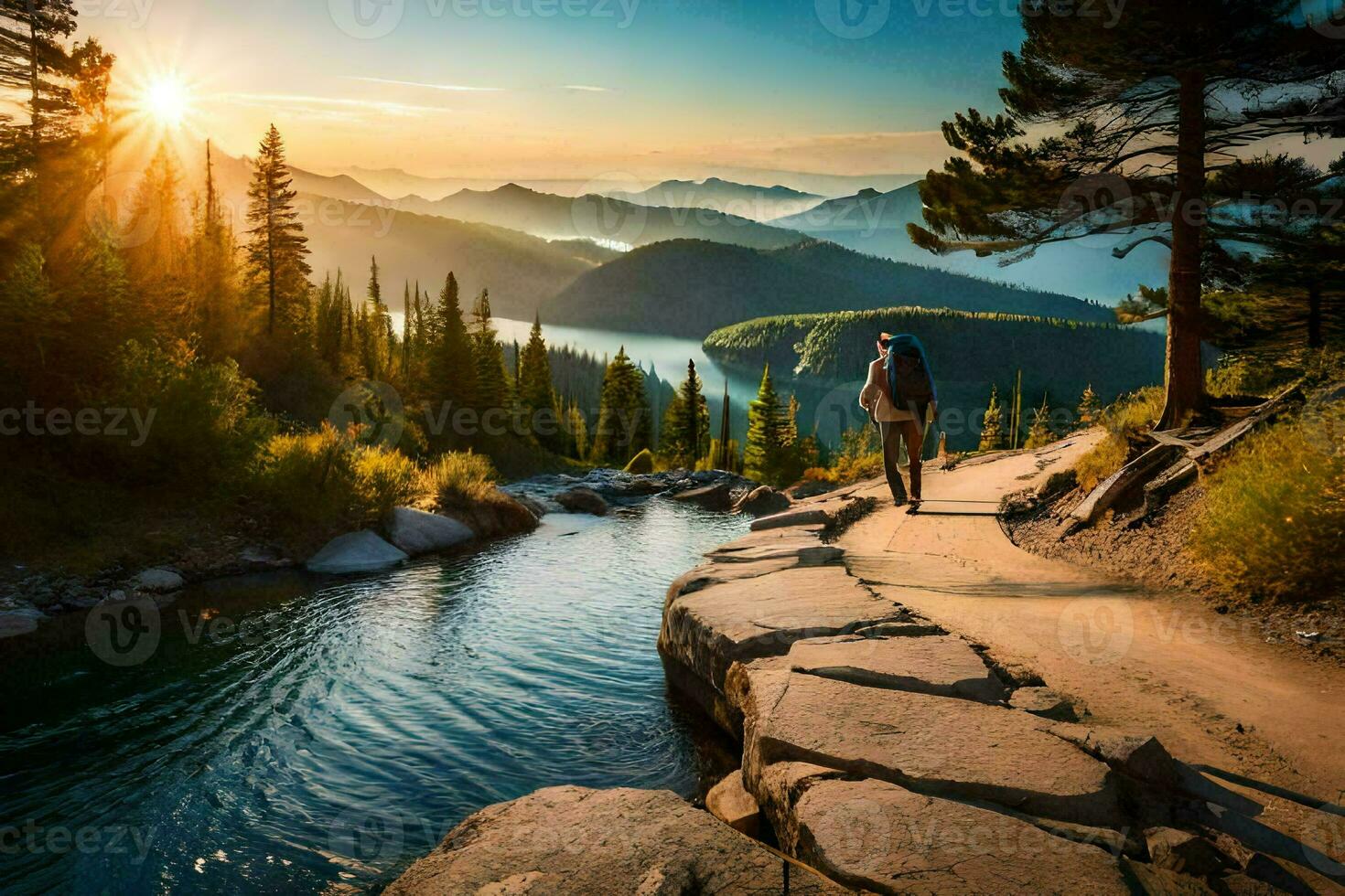 ein Wanderer Spaziergänge entlang ein Pfad im das Berge beim Sonnenuntergang. KI-generiert foto