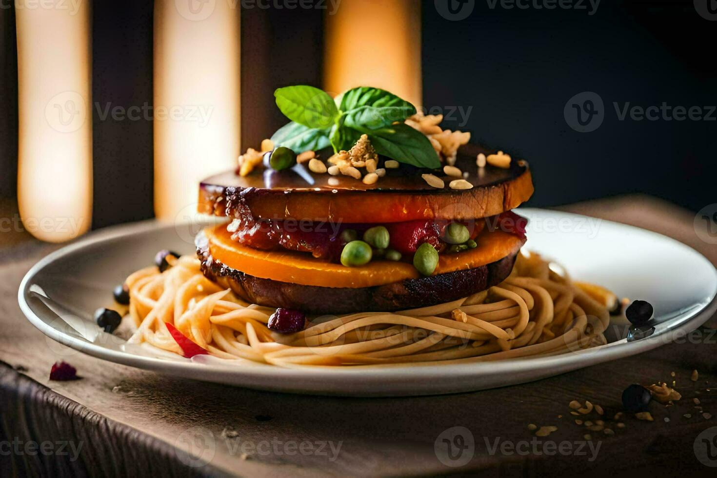 ein Teller mit Spaghetti und Gemüse auf Es. KI-generiert foto