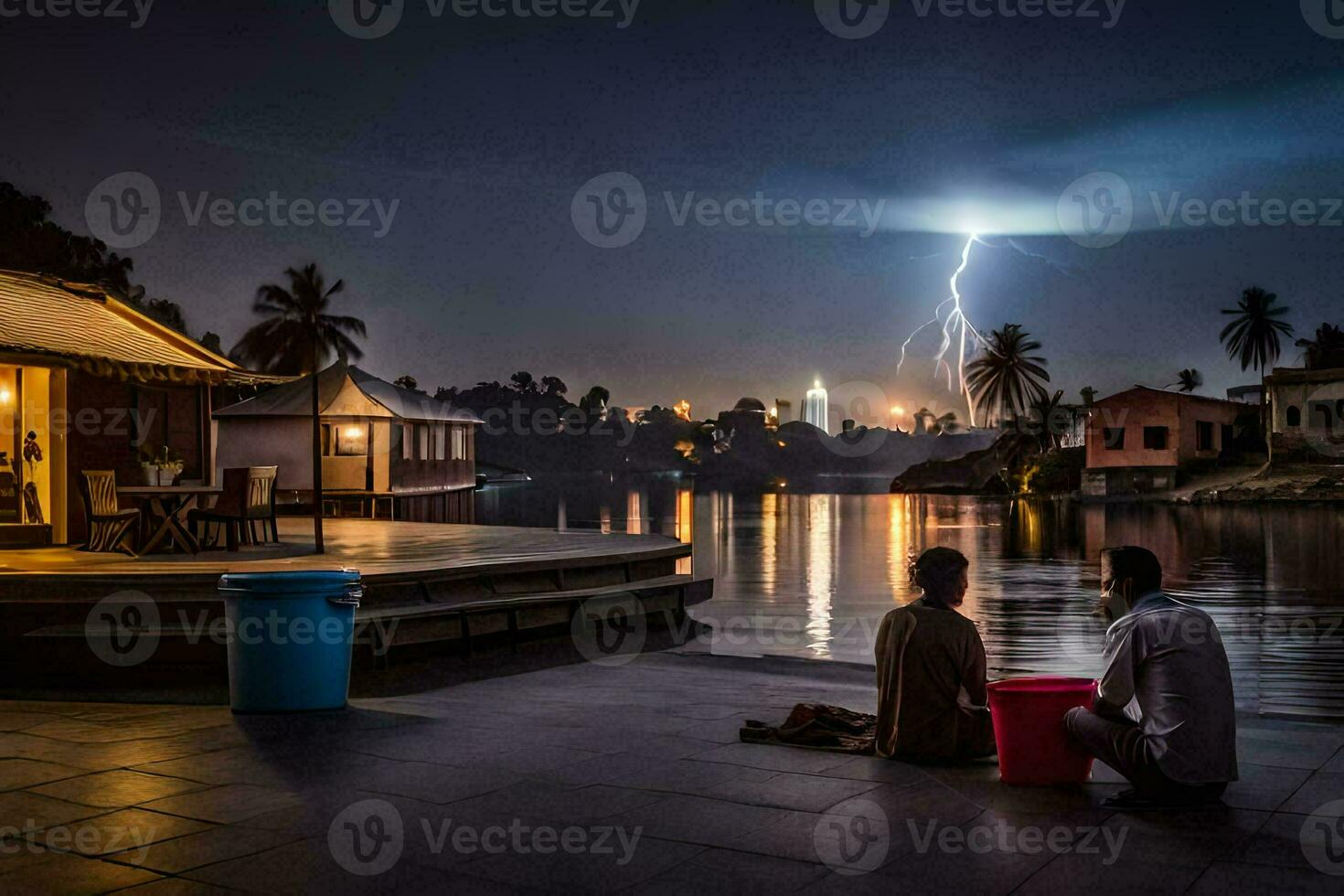 zwei Menschen Sitzung auf das Boden in der Nähe von ein See mit ein Blitz Bolzen. KI-generiert foto