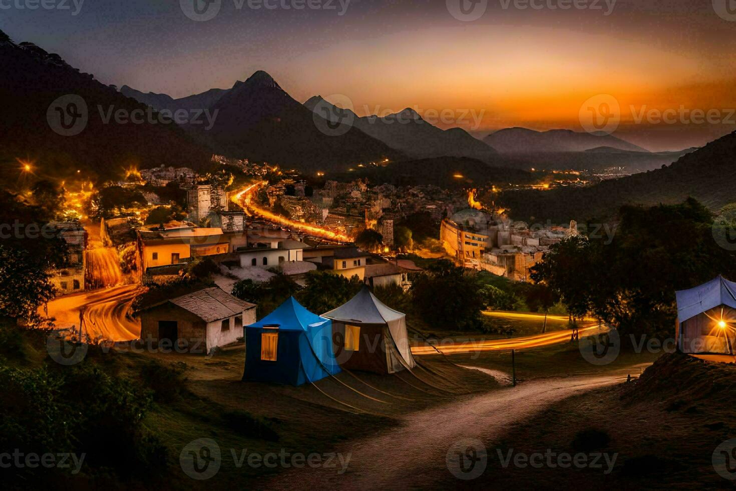 ein Aussicht von ein Dorf beim Nacht mit ein Zelt und ein Wagen. KI-generiert foto