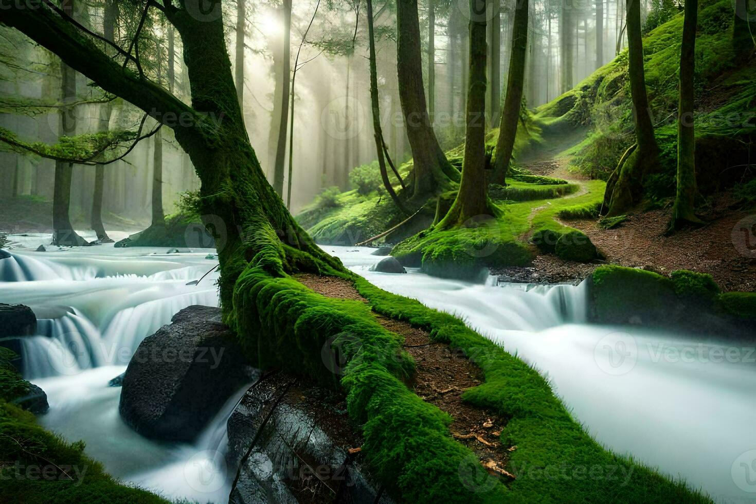 ein Strom läuft durch ein Wald mit moosig Bäume. KI-generiert foto