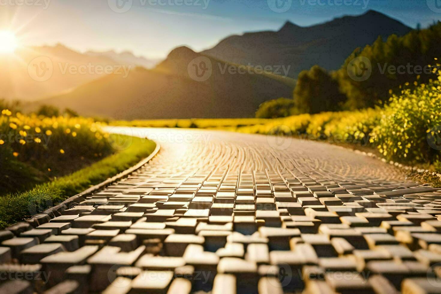 ein Straße mit Kopfsteinpflaster im das Sonne. KI-generiert foto