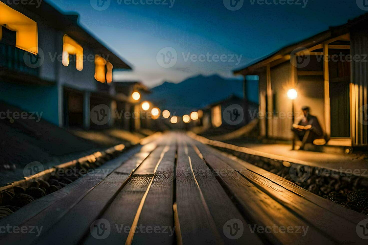 ein Mann sitzt auf ein hölzern Gehweg beim Nacht. KI-generiert foto