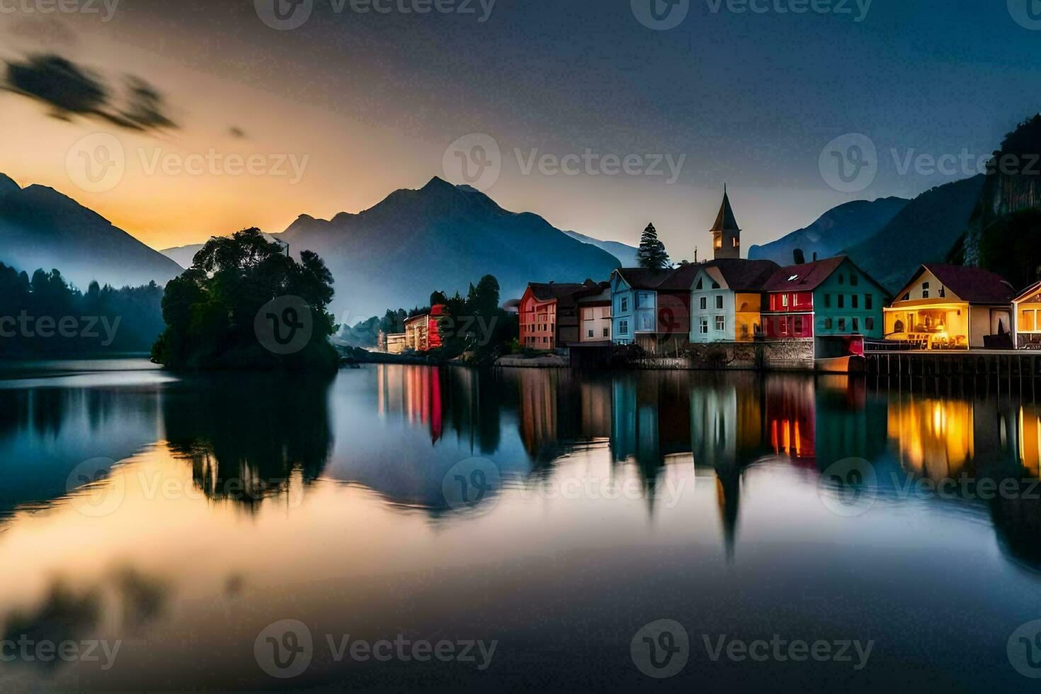 ein Stadt, Dorf ist reflektiert im das Wasser beim Sonnenuntergang. KI-generiert foto