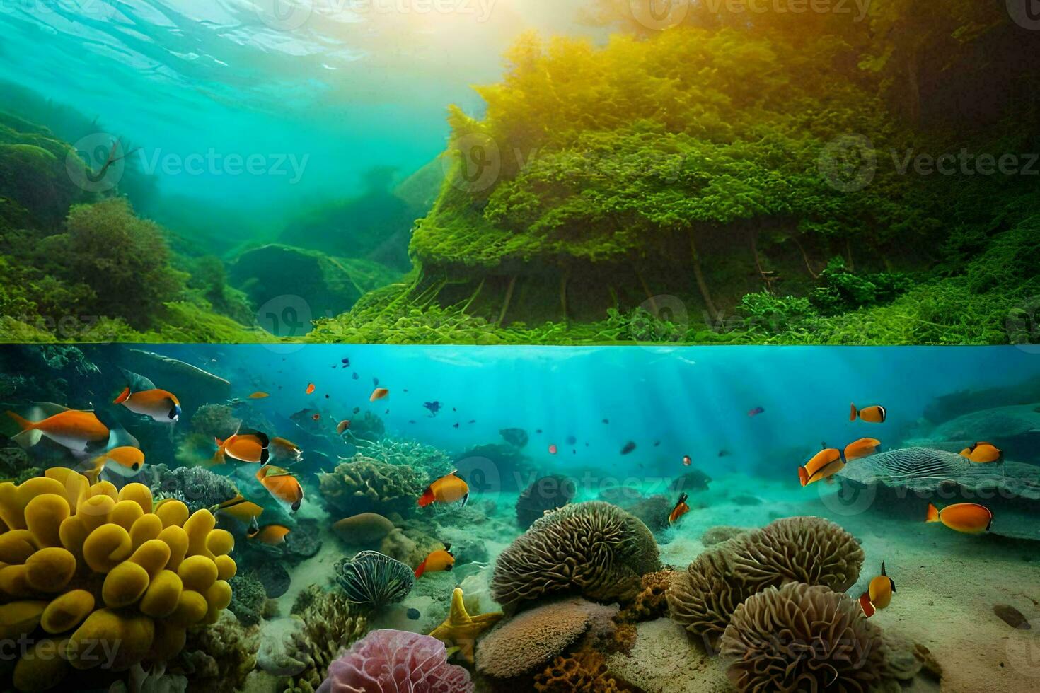 zwei Bilder von Koralle Riffe und Fisch. KI-generiert foto