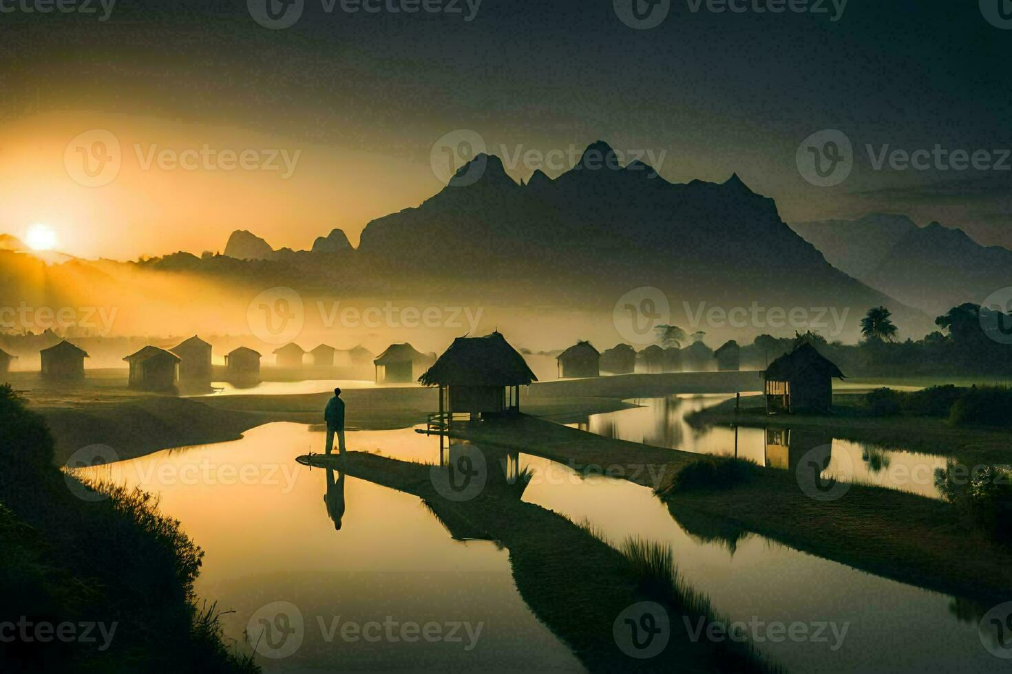 Foto Hintergrund das Himmel, Berge, Wasser, Sonnenaufgang, das Berge, Wasser, Sonnenaufgang, Die. KI-generiert