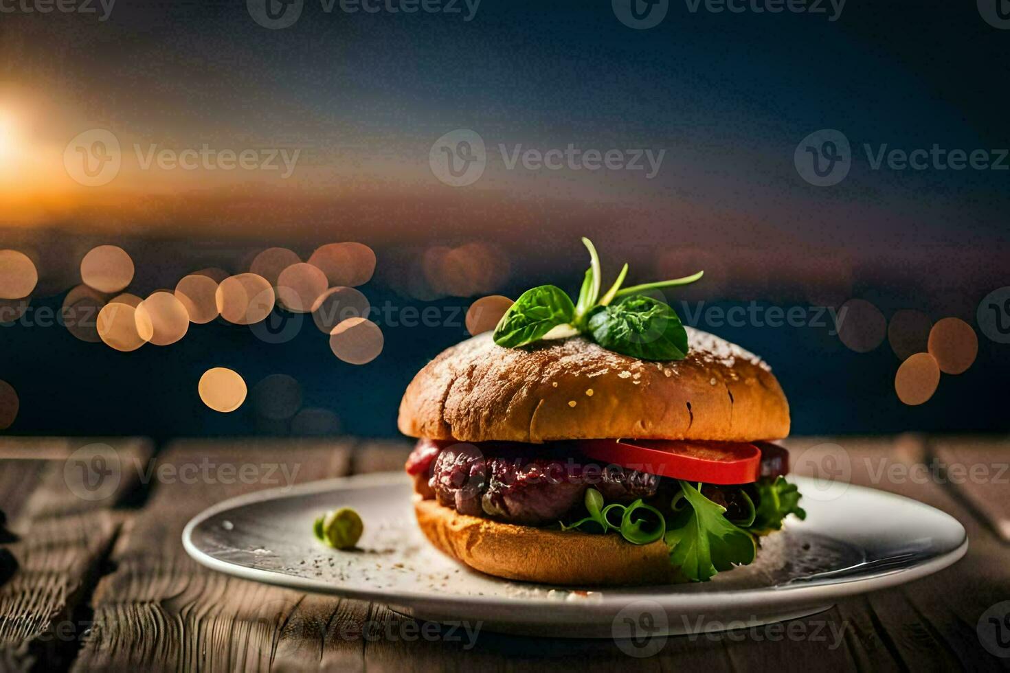 ein Hamburger auf ein Teller mit ein Aussicht von das Stadt. KI-generiert foto