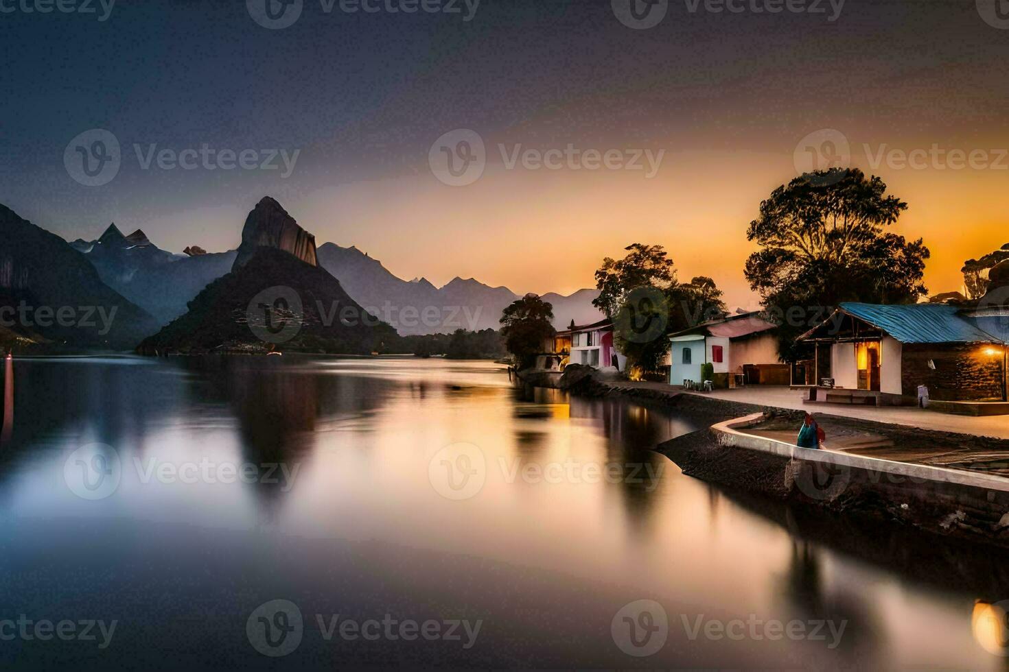 ein See und Berg Angebot beim Sonnenuntergang. KI-generiert foto