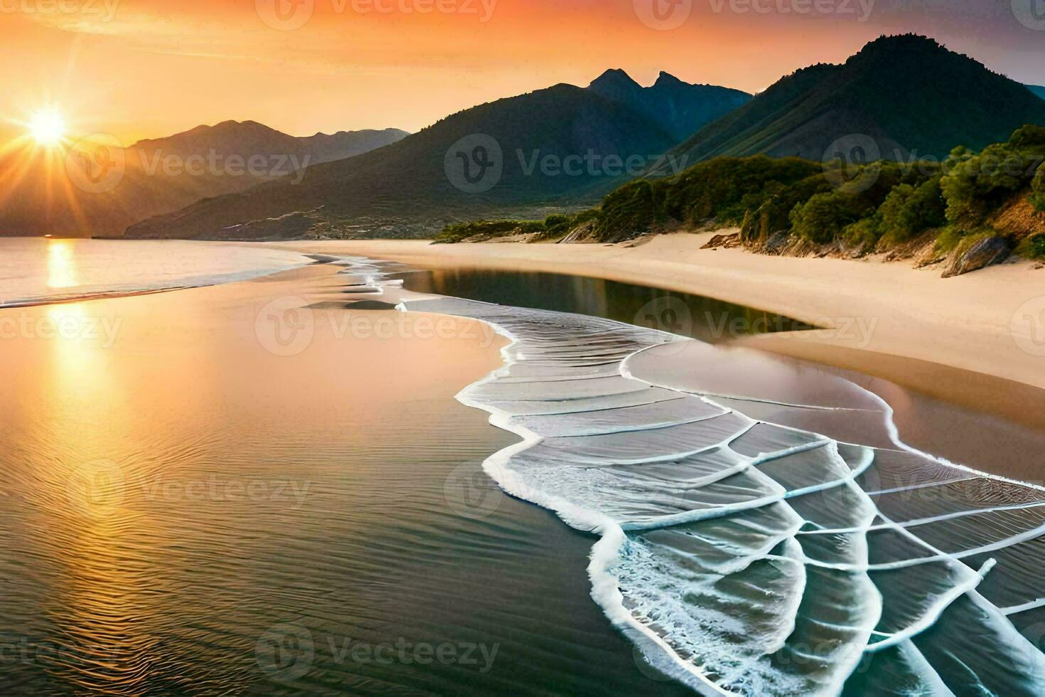 das Sonne setzt Über ein Strand und Berge. KI-generiert foto