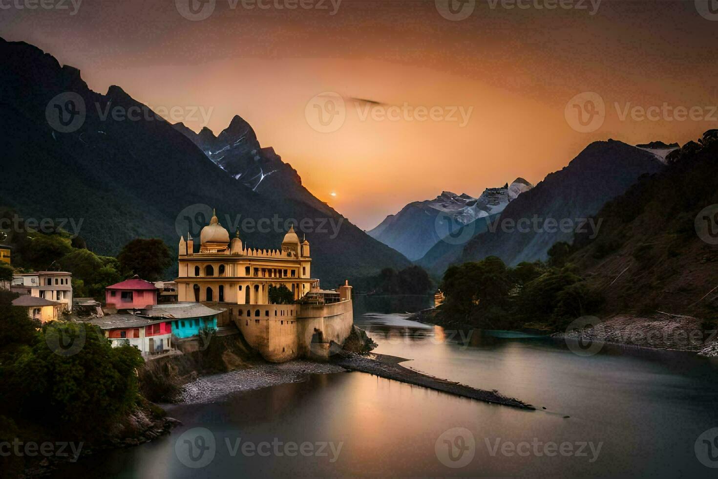 das Sonne setzt Über ein Fluss im Indien. KI-generiert foto