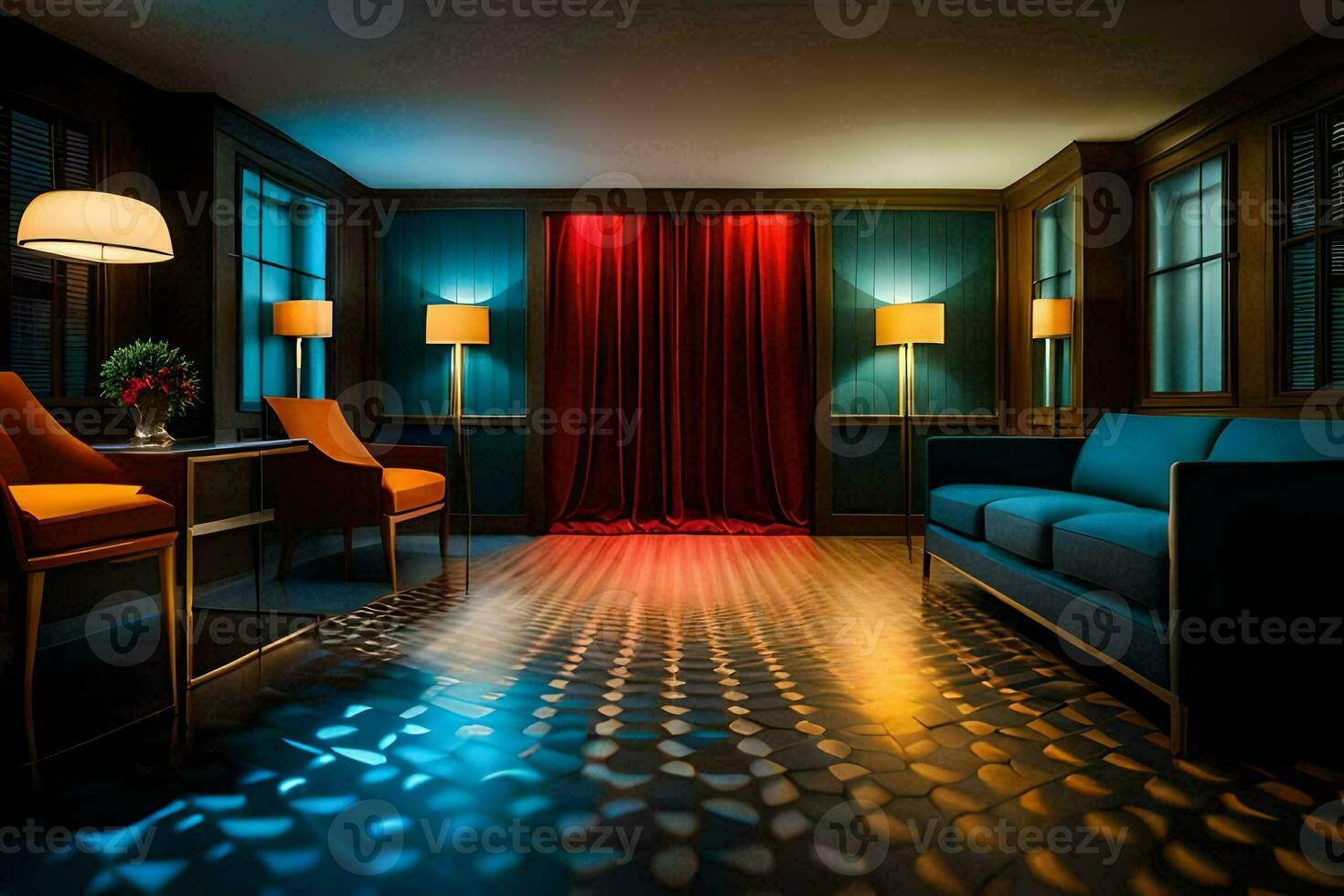 ein Zimmer mit Blau und Orange Möbel und ein rot Lampe. KI-generiert foto