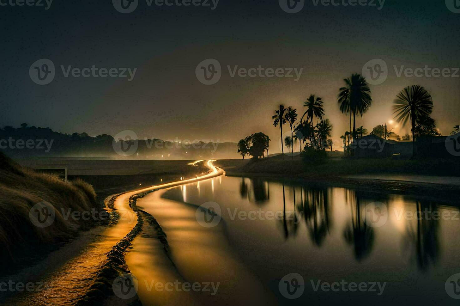 ein lange Straße mit Palme Bäume und Wasser beim Nacht. KI-generiert foto