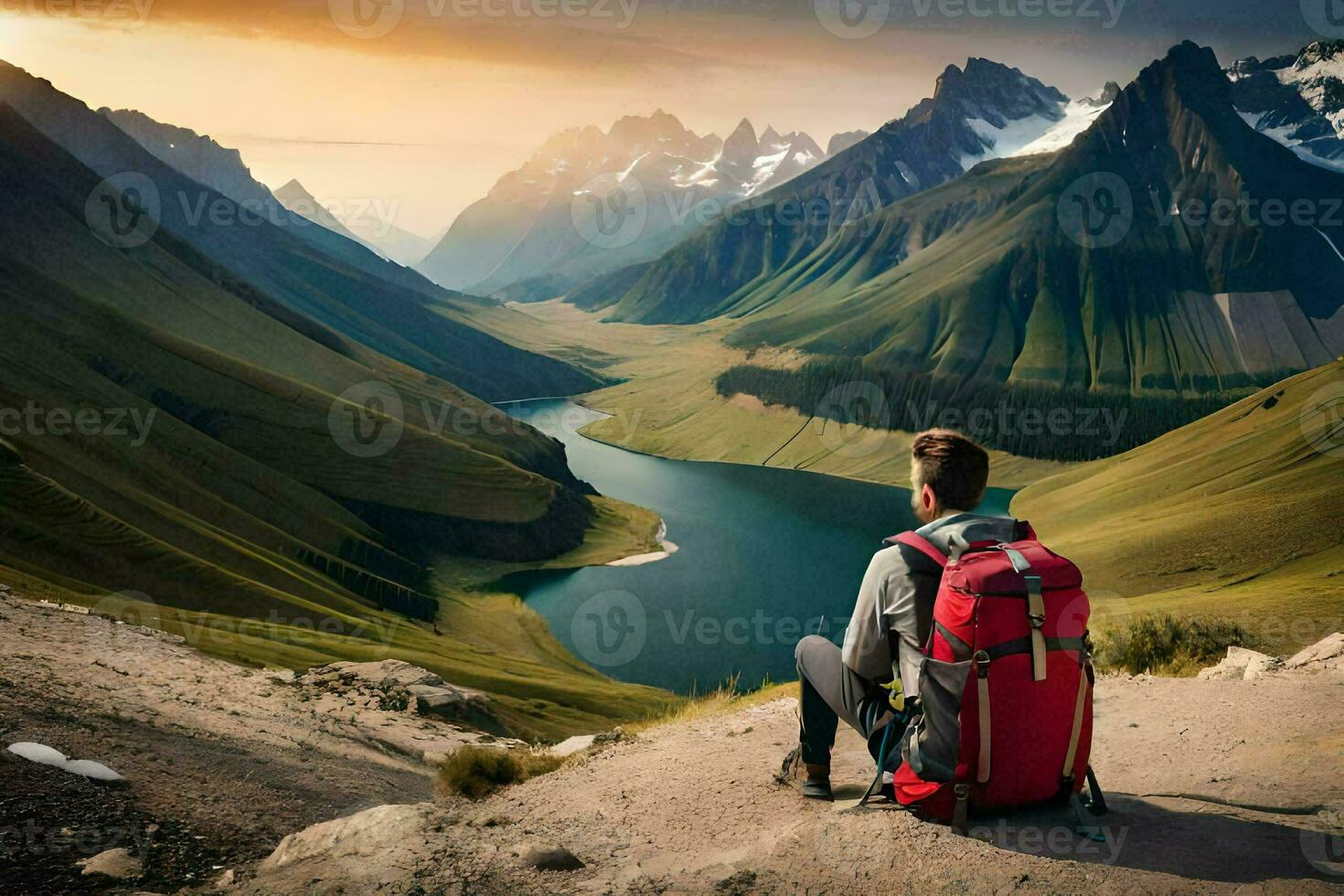 ein Mann mit ein Rucksack Sitzung auf ein Felsen mit Blick auf ein See. KI-generiert foto