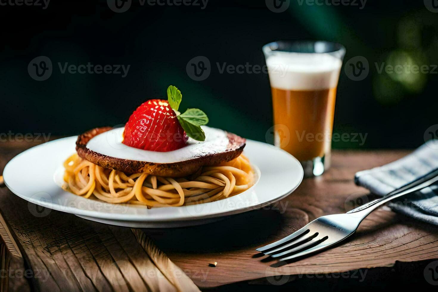 ein Teller mit Spaghetti und ein Erdbeere auf Es. KI-generiert foto