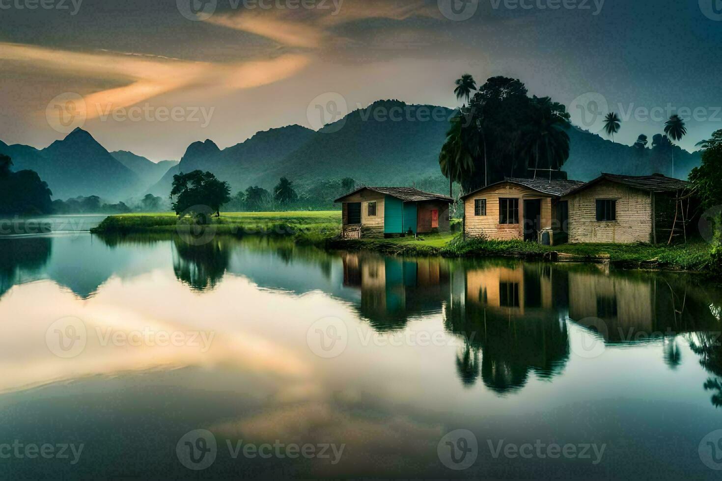 Häuser auf das Banken von ein Fluss im Vietnam. KI-generiert foto