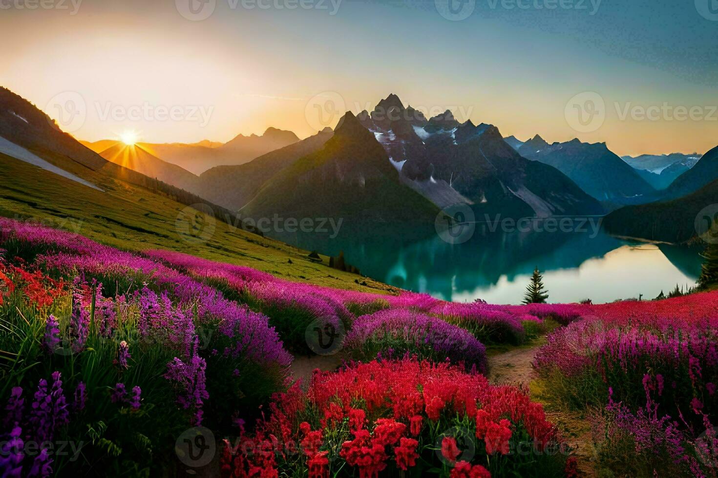 das Sonne steigt an Über ein See und ein Berg Angebot mit lila Blumen. KI-generiert foto