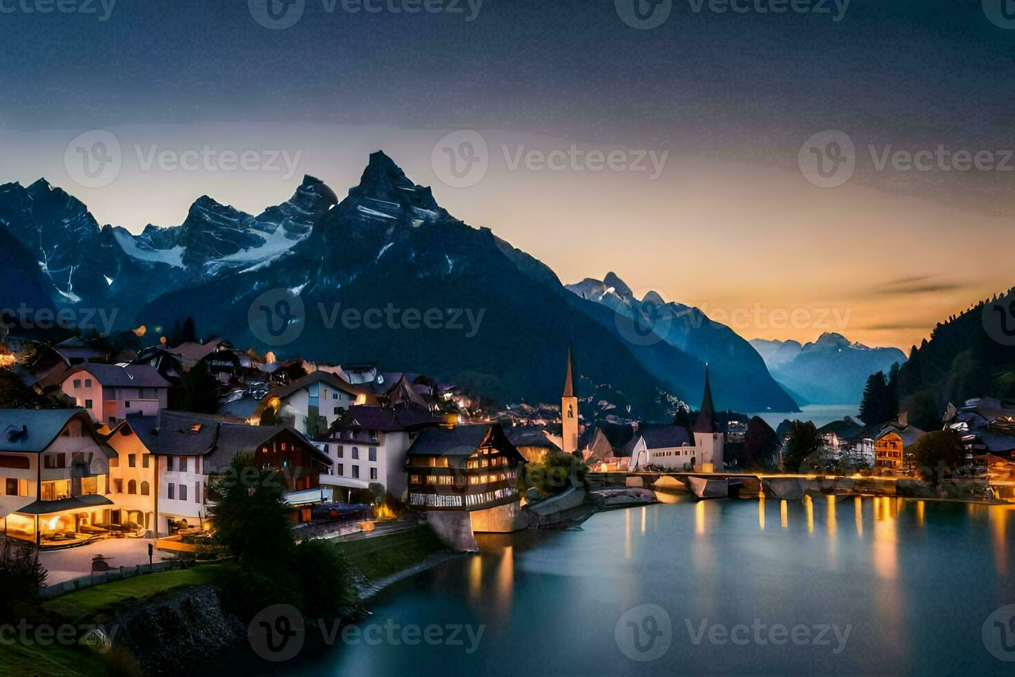 Foto Hintergrund das Himmel, Berge, Wasser, Stadt, See, Berge, Alpen, aust. KI-generiert