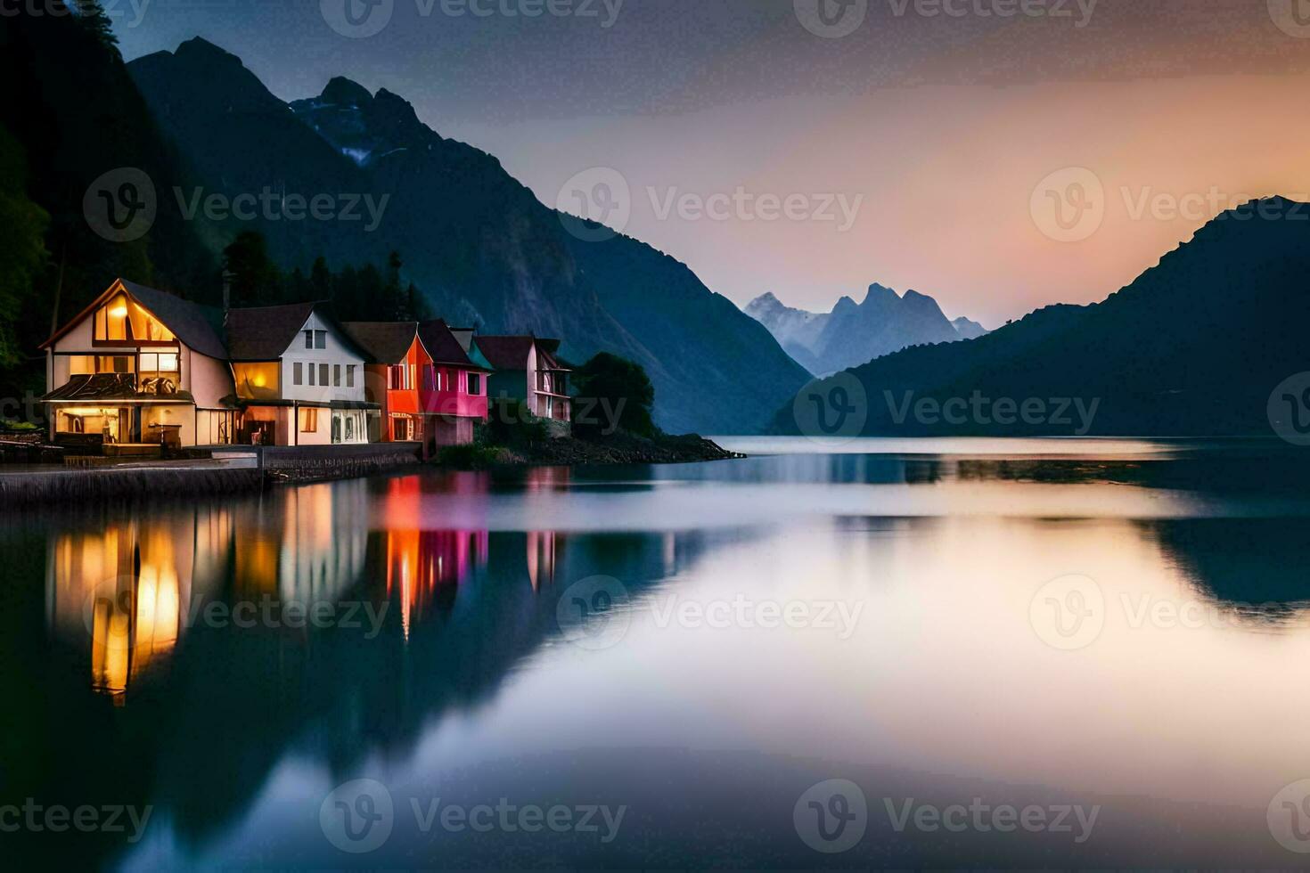 Foto Hintergrund das Himmel, Berge, Wasser, Haus, Berge, Norwegen, das fj. KI-generiert