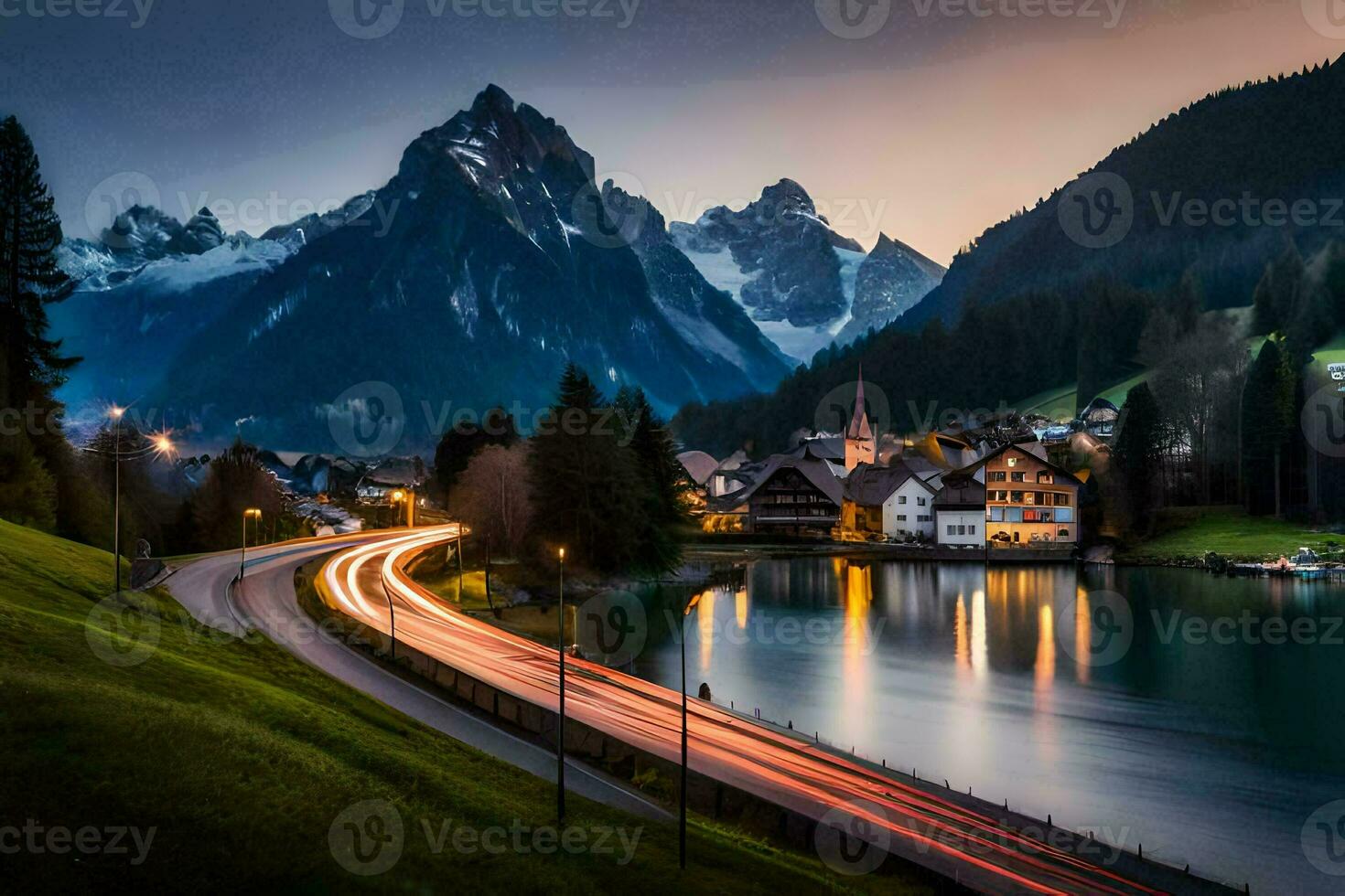 ein See und Berge beim Dämmerung. KI-generiert foto