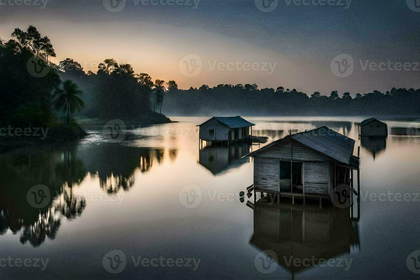 drei klein hölzern Häuser sitzen auf das Ufer von ein See. KI-generiert foto