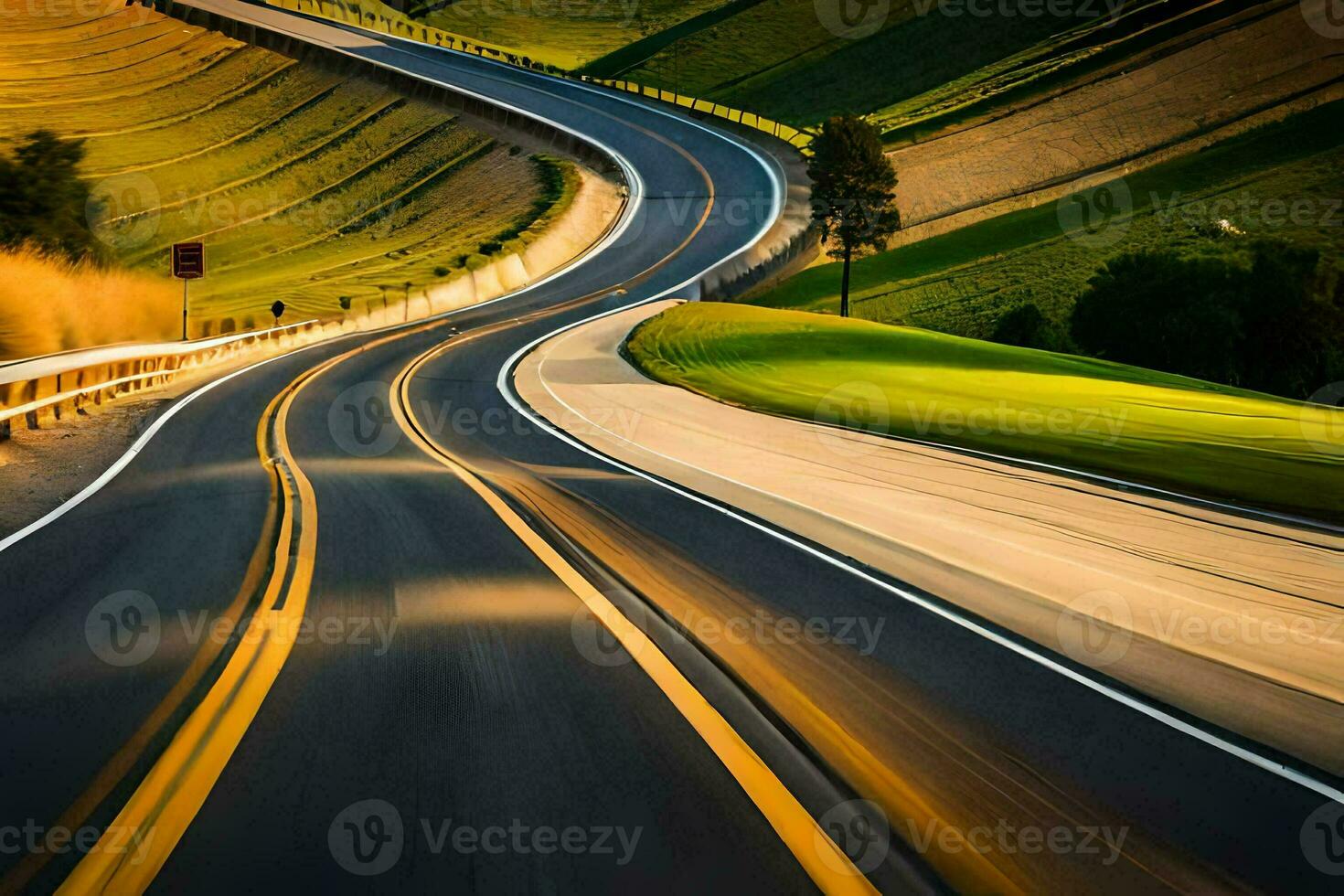 ein lang, Wicklung Straße mit ein Gelb Linie. KI-generiert foto