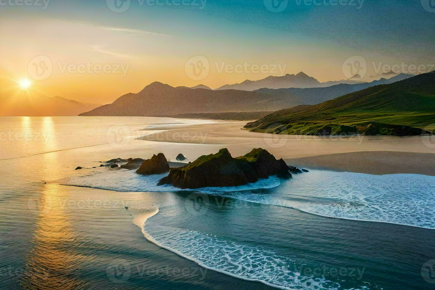 das Sonne setzt Über das Ozean und ein Strand. KI-generiert foto